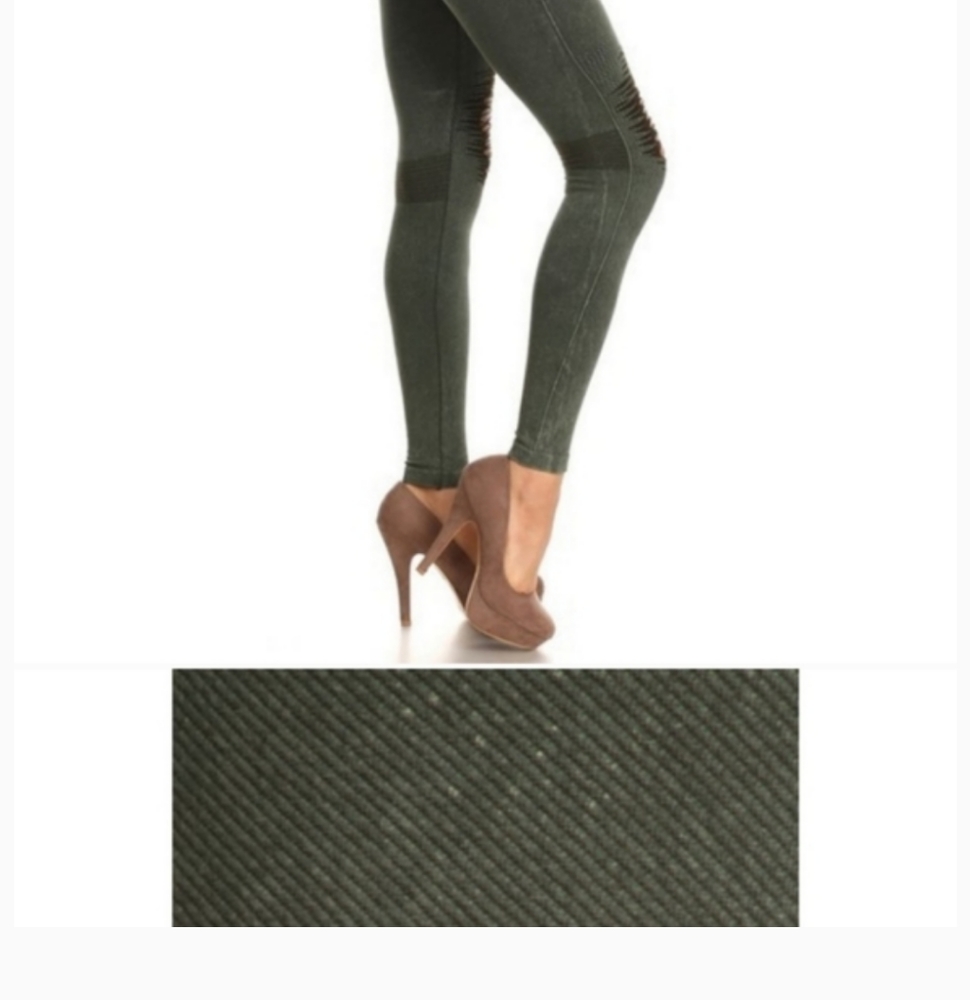 Army Green Distressed Leggings;Tummy Control Waist - Picture 3 of 4